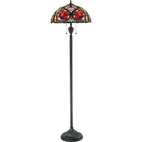 This beautiful Tiffany style collection features a handcrafted  genuine art glass shade created in rich jewel tones as well as soft pastels. The glass is arranged in a classic Art Nouveau pattern.  The warm color palette creates a harmonious balance of light  and the complementary base is finished in a vintage bronze.Glass color in Tiffany lighting products vary in color.  No two pieces are identical.