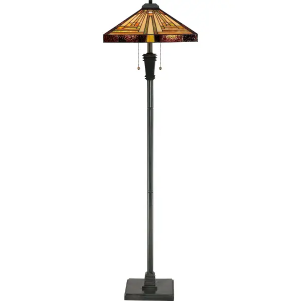 This handcrafted Tiffany style collection illuminates your home with warm shades of amber  bisque and earthy green  arranged in a clean and simple geometric pattern reminiscent of the works of Frank Lloyd Wright.  The sturdy base complements the Arts &amp; Crafts style  and is finished in a Vintage Bronze.Glass color in Tiffany lighting products vary in color.  No two pieces are identical.