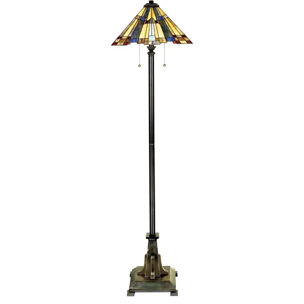 This Arts and Crafts style features a pyramid shade with a stepped border for added visual interest.  The classic geometric design includes art glass in shades of amber  cream and tan  accented with glass pieces in sapphire blue and rich green.  The linear geometric details on the base makes it a perfect complement to the shade.Glass color in Tiffany lighting products vary in color.  No two pieces are identical.