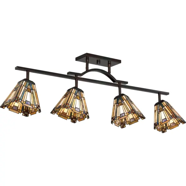 A classic geometric Arts &amp; Crafts piece with handcrafted art glass in shades of sapphire blue  warm honey  amber and cream.Glass color in Tiffany lighting products vary in color.  No two pieces are identical.