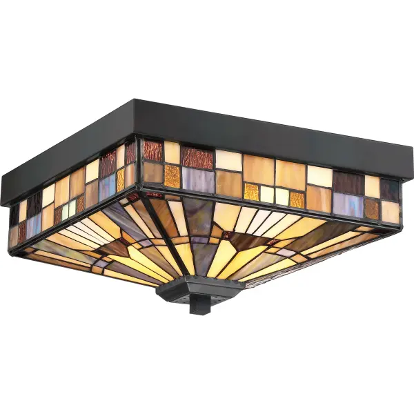 A classic geometric Arts &amp; Crafts piece with handcrafted art glass in shades of sapphire blue, warm honey, amber and cream.  Arts and Crafts is an enduring style that honors the tradition of fine craftsmanship and attention to detail.Glass color in Tiffany lighting products vary in color.  No two pieces are identical.