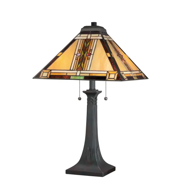 Fans of Native American and South Western styling will love the Navajo Collection.  Enhancing its classic design appeal is the understated art glass that is hand assembled using the copper foil method developed by Louis Comfort Tiffany plus a Valiant Bronze finish.  Available in a piccolo pendant  semi flush mount  pendant  table lamp and floor lamp.Glass color in Tiffany lighting products vary in color.  No two pieces are identical.