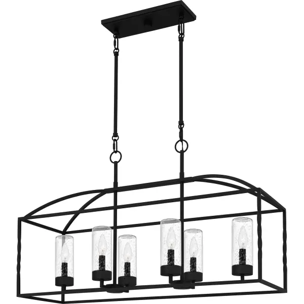 Elevate your outdoor living space with Thatcher. The sleek sculptural silhouette features an open design, allowing the clear seedy glass shades to shine on their own. The earth black finish adds a transitional feel, making Thatcher a perfect complement to any home decor. Hang this versatile linear chandelier on a porch to entertain guests in style - or hang indoors over a kitchen island or table.