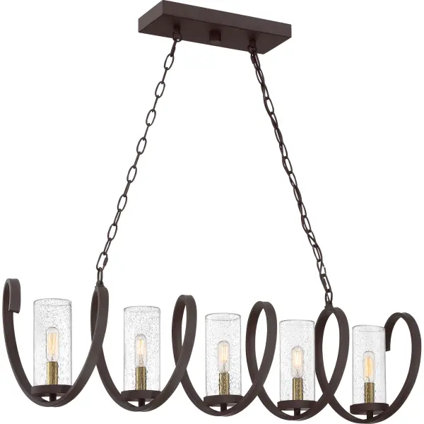 The Tumult offers a spin on traditional with its unique spiral shade. Seedy glass highlights the painted gold sockets, which pop against the rich Western bronze finish. We recommend using vintage filament bulbs for maximum flair.