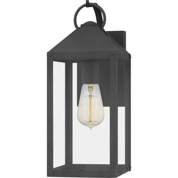 Wow your guests and neighbors with the Thorpe collection of outdoor lanterns. Clear tempered glass panels are enclosed in a traditional rectangular Mottled Black frame, providing life-long style and durability.  Thorpe comes in many options including a hanging lantern, wall lanterns, and a post lantern to round out your home's exterior.