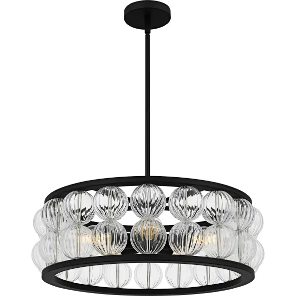 Elevate your home with the Terrarock collection, offering both pendant and ceiling fan light options that blend glam and modern style seamlessly. This collection is designed to add a touch of sophistication and luxury to any room. Terrarock is available in two stunning finishes: matte black for a sleek, contemporary look or polished chrome for a more glamorous, reflective aesthetic. The drum shade is composed of clear ribbed glass balls, creating a unique texture and an eye-catching lighting effect that enhances the ambiance of any space.