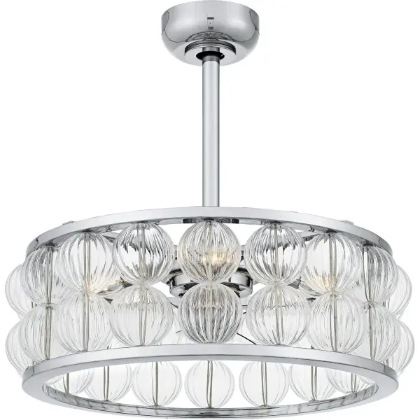 The Terrarock combines sophisticated style with practical function. Its clear ribbed glass drum shade creates stunning light patterns while the polished chrome finish adds a luxe, reflective quality. With 855 CFM airflow and energy-efficient LED compatibility, it delivers both beauty and performance.