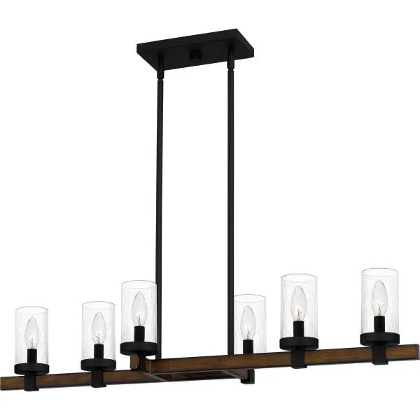With a linear framework and weathered styling, Tuthill embodies modern farmhouse style. Clear water glass shades pair perfectly with the slightly distressed wood accents. Finished in matte black, the Tuthill chandelier makes a rustic statement over any kitchen island, bar area, or dining room table.