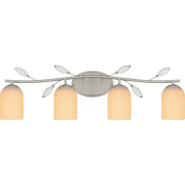 Add a pretty, feminine touch to any bathroom or powder room vanity with Ulysees. The sleek silhouette is adorned with delicate white leaves, adding a modern elegance to the classic bath light design. Choose from a variety of sizing options, available in a timeless brushed nickel finish.