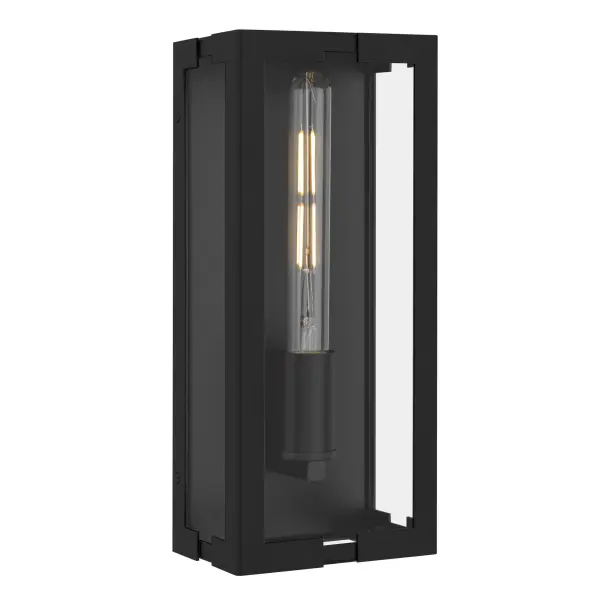 Sleek yet soulful, the Young outdoor wall lantern pairs modern geometry with timeless charm. Its matte black frame and clear tempered glass create a crisp, architectural silhouette, while two included sets of candle covers—matte black for understated elegance or gold for a warm, inviting glow—let you tailor the mood. The distinctive slot crossbar adds subtle visual intrigue, and the versatile design allows the lantern to shine with the bulb facing up or down. Whether gracing an entryway or lighting a garden path, Young brings a quiet sophistication that glows day and night.