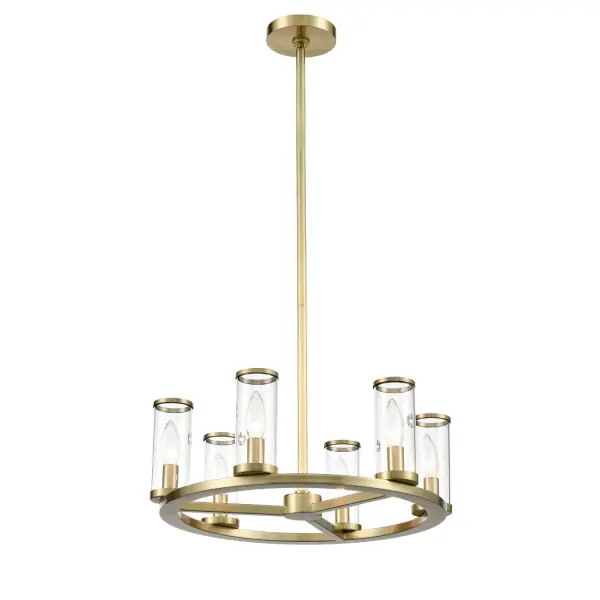 Evoking the elegance of antique candle-holders, Revolve has clear glass tubes accented with metal rings, gathered around a striking chandelier body. Available in multiple finishes, also available as a series of coordinating vanity and wall sconces. Collection: Revolve Sub-Brand: ALORA Finish: Clear Glass/Natural Brass Glass: Clear Glass Width: 18.63" Height: 6.63" Length: 18.63" Weight: 16.90 lb Wire: 144" Rod: 46" (3x12" + 1x6" + 1x4") Canopy: D4.875" x H0.875" Number of Bulbs: 6 Maximum Wattage: 60.00 W Bulb Type: Candelabra Bulb Base: E12 Candelabra Light Source: Incandescent Voltage: 120.00 V Material: Steel + Glass Country of Origin: China Safety Listing: UL Safety Rating: Dry Manufacturer Warranty: 1 Year Spec Sheet Instructions