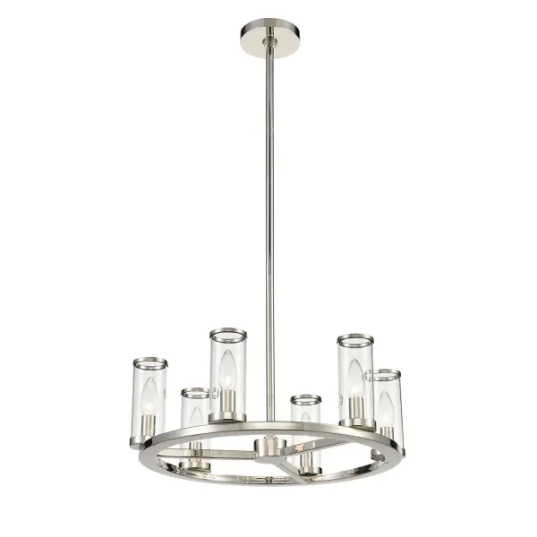 Evoking the elegance of antique candle-holders, Revolve has clear glass tubes accented with metal rings, gathered around a striking chandelier body. Available in multiple finishes, also available as a series of coordinating vanity and wall sconces. Collection: Revolve Sub-Brand: ALORA Finish: Clear Glass/Polished Nickel Glass: Clear Glass Width: 18.63" Height: 6.63" Length: 18.63" Weight: 16.90 lb Wire: 144" Rod: 46" (3x12" + 1x6" + 1x4") Canopy: D4.875" x H0.875" Number of Bulbs: 6 Maximum Wattage: 60.00 W Bulb Type: Candelabra Bulb Base: E12 Candelabra Light Source: Incandescent Voltage: 120.00 V Material: Steel + Glass Country of Origin: China Safety Listing: UL Safety Rating: Dry Manufacturer Warranty: 1 Year Spec Sheet Instructions