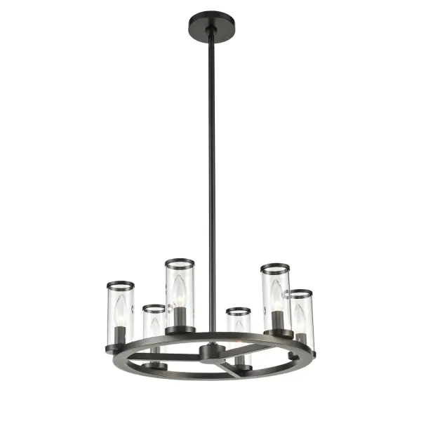 Evoking the elegance of antique candle-holders, Revolve has clear glass tubes accented with metal rings, gathered around a striking chandelier body. Available in multiple finishes, also available as a series of coordinating vanity and wall sconces. Collection: Revolve Sub-Brand: ALORA Finish: Clear Glass/Urban Bronze Glass: Clear Glass Width: 18.63" Height: 6.63" Length: 18.63" Weight: 16.90 lb Wire: 144" Rod: 46" (3x12" + 1x6" + 1x4") Canopy: D4.875" x H0.875" Number of Bulbs: 6 Maximum Wattage: 60.00 W Bulb Type: Candelabra Bulb Base: E12 Candelabra Light Source: Incandescent Voltage: 120.00 V Material: Steel + Glass Country of Origin: China Safety Listing: UL Safety Rating: Dry Manufacturer Warranty: 1 Year Spec Sheet Instructions