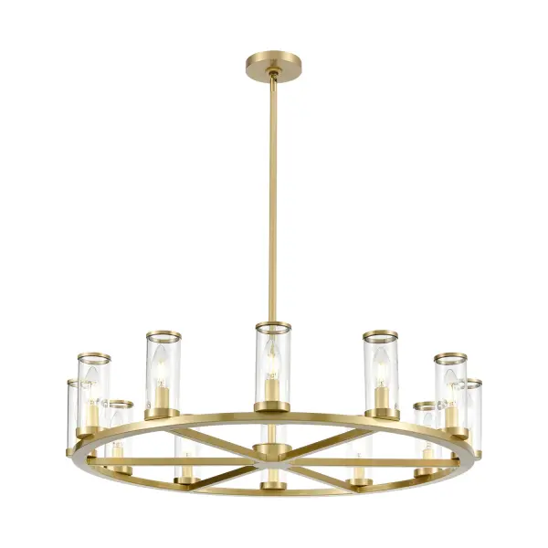 Evoking the elegance of antique candle-holders, Revolve has clear glass tubes accented with metal rings, gathered around a striking chandelier body. Available in our Urban Bronze and Natural Brass finishes, it also comes as a series of coordinating wall sconces. Collection: Revolve Sub-Brand: ALORA Finish: Clear Glass/Natural Brass Glass: Clear Glass Width: 32.75" Height: 6.63" Length: 32.75" Weight: 26.10 lb Wire: 144" Rod: 46" (3x12" + 1x6" + 1x4") Canopy: D4.75" x H0.875" Number of Bulbs: 12 Maximum Wattage: 60.00 W Bulb Type: Incandescent Bulb Base: E12 Candelabra Light Source: Incandescent Voltage: 120.00 V Material: Steel + Glass Country of Origin: China Safety Listing: UL Safety Rating: Dry Manufacturer Warranty: 1 Year Spec Sheet Instructions