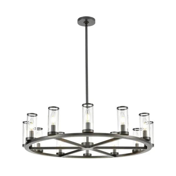 Evoking the elegance of antique candle-holders, Revolve has clear glass tubes accented with metal rings, gathered around a striking chandelier body. Available in our Urban Bronze and Natural Brass finishes, it also comes as a series of coordinating wall sconces. Collection: Revolve Sub-Brand: ALORA Finish: Urban Bronze/Clear Glass Glass: Clear Glass Width: 32.75" Height: 6.63" Length: 32.75" Weight: 26.10 lb Wire: 144" Rod: 46" (3x12" + 1x6" + 1x4") Canopy: D4.75" x H0.875" Number of Bulbs: 12 Maximum Wattage: 60.00 W Bulb Type: Incandescent Bulb Base: E12 Candelabra Light Source: Incandescent Voltage: 120.00 V Material: Steel + Glass Country of Origin: China Safety Listing: UL Safety Rating: Dry Manufacturer Warranty: 1 Year Spec Sheet Instructions