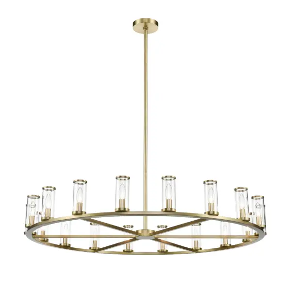 Evoking the elegance of antique candle-holders, Revolve has clear glass tubes accented with metal rings, gathered around a striking chandelier body. Available in multiple finishes, also available as a series of coordinating vanity and wall sconces. Collection: Revolve Sub-Brand: ALORA Finish: Clear Glass/Natural Brass Glass: Clear Glass Width: 48.13" Height: 6.63" Length: 48.13" Weight: 47.30 lb Wire: 144" Rod: 46" (3x12" + 1x6" + 1x4") Canopy: D5.625" x H0.875" Number of Bulbs: 18 Maximum Wattage: 60.00 W Bulb Type: Candelabra Bulb Base: E12 Candelabra Light Source: Incandescent Voltage: 120.00 V Material: Steel + Glass Country of Origin: China Safety Listing: UL Safety Rating: Dry Manufacturer Warranty: 1 Year Spec Sheet Instructions