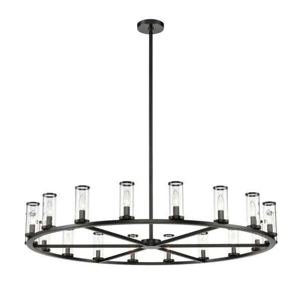Evoking the elegance of antique candle-holders, Revolve has clear glass tubes accented with metal rings, gathered around a striking chandelier body. Available in multiple finishes, also available as a series of coordinating vanity and wall sconces. Collection: Revolve Sub-Brand: ALORA Finish: Clear Glass/Urban Bronze Glass: Clear Glass Width: 48.13" Height: 6.63" Length: 48.13" Weight: 47.30 lb Wire: 144" Rod: 46" (3x12" + 1x6" + 1x4") Canopy: D5.625" x H0.875" Number of Bulbs: 18 Maximum Wattage: 60.00 W Bulb Type: Candelabra Bulb Base: E12 Candelabra Light Source: Incandescent Voltage: 120.00 V Material: Steel + Glass Country of Origin: China Safety Listing: UL Safety Rating: Dry Manufacturer Warranty: 1 Year Spec Sheet Instructions