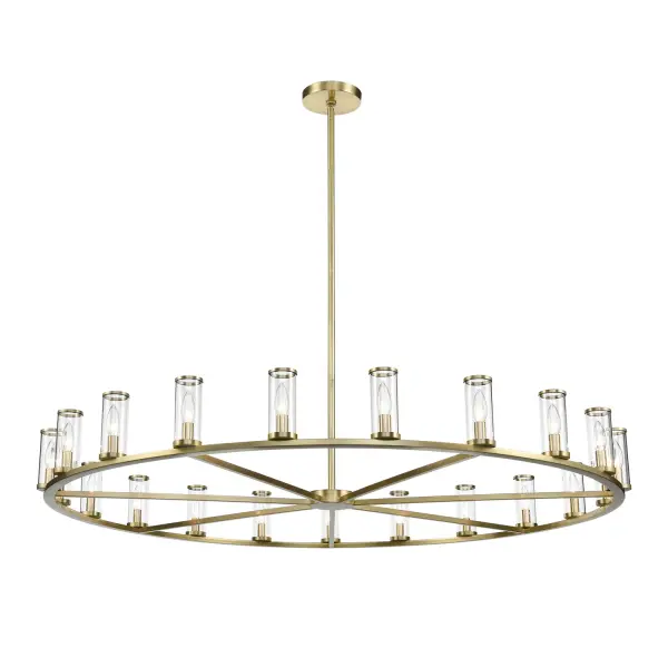 Evoking the elegance of antique candle-holders, Revolve has clear glass tubes accented with metal rings, gathered around a striking chandelier body. Available in multiple finishes, also available as a series of coordinating vanity and wall sconces. Collection: Revolve Sub-Brand: ALORA Finish: Clear Glass/Natural Brass Glass: Clear Glass Width: 60.38" Height: 6.63" Length: 60.38" Weight: 65.40 lb Wire: 144" Rod: 46" (3x12" + 1x6" + 1x4") Canopy: D6.75" x H0.875" Number of Bulbs: 21 Maximum Wattage: 60.00 W Bulb Type: Candelabra Bulb Base: E12 Candelabra Light Source: Incandescent Voltage: 120.00 V Material: Steel + Glass Country of Origin: China Safety Listing: UL Safety Rating: Dry Manufacturer Warranty: 1 Year Spec Sheet Instructions