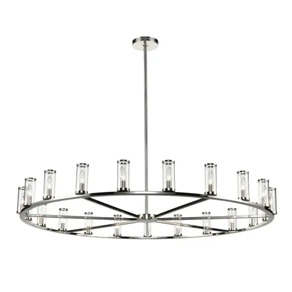 Evoking the elegance of antique candle-holders, Revolve has clear glass tubes accented with metal rings, gathered around a striking chandelier body. Available in multiple finishes, also available as a series of coordinating vanity and wall sconces. Collection: Revolve Sub-Brand: ALORA Finish: Clear Glass/Polished Nickel Glass: Clear Glass Width: 60.38" Height: 6.63" Length: 60.38" Weight: 65.40 lb Wire: 144" Rod: 46" (3x12" + 1x6" + 1x4") Canopy: D6.75" x H0.875" Number of Bulbs: 21 Maximum Wattage: 60.00 W Bulb Type: Candelabra Bulb Base: E12 Candelabra Light Source: Incandescent Voltage: 120.00 V Material: Steel + Glass Country of Origin: China Safety Listing: UL Safety Rating: Dry Manufacturer Warranty: 1 Year Spec Sheet Instructions