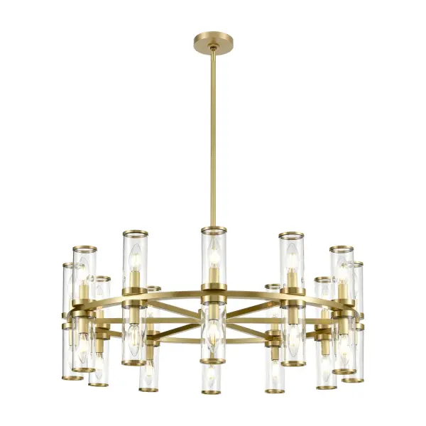 Evoking the elegance of antique candle-holders, Revolve has clear glass tubes accented with metal rings, gathered around a striking chandelier body. Available in our Urban Bronze and Natural Brass finishes, it also comes as a series of coordinating wall sconces. Collection: Revolve Sub-Brand: ALORA Finish: Clear Glass/Natural Brass Glass: Clear Glass Width: 32.75" Height: 12.63" Length: 32.75" Weight: 33.30 lb Wire: 144" Rod: 46" (3x12" + 1x6" + 1x4") Canopy: D4.75" x H0.875" Number of Bulbs: 24 Maximum Wattage: 60.00 W Bulb Type: Incandescent Bulb Base: E12 Candelabra Light Source: Incandescent Voltage: 120.00 V Material: Steel + Glass Country of Origin: China Safety Listing: UL Safety Rating: Dry Manufacturer Warranty: 1 Year Spec Sheet Instructions