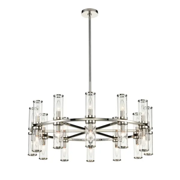 Evoking the elegance of antique candle-holders, Revolve has clear glass tubes accented with metal rings, gathered around a striking chandelier body. Available in our Urban Bronze and Natural Brass finishes, it also comes as a series of coordinating wall sconces. Collection: Revolve Sub-Brand: ALORA Finish: Clear Glass/Polished Nickel Glass: Clear Glass Width: 32.75" Height: 12.63" Length: 32.75" Weight: 33.30 lb Wire: 144" Rod: 46" (3x12" + 1x6" + 1x4") Canopy: D4.75" x H0.875" Number of Bulbs: 24 Maximum Wattage: 60.00 W Bulb Type: Candelabra Bulb Base: E12 Candelabra Light Source: Incandescent Voltage: 120.00 V Material: Steel + Glass Country of Origin: China Safety Listing: UL Safety Rating: Dry Manufacturer Warranty: 1 Year Spec Sheet Instructions