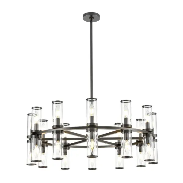 Evoking the elegance of antique candle-holders, Revolve has clear glass tubes accented with metal rings, gathered around a striking chandelier body. Available in our Urban Bronze and Natural Brass finishes, it also comes as a series of coordinating wall sconces. Collection: Revolve Sub-Brand: ALORA Finish: Clear Glass/Urban Bronze Glass: Clear Glass Width: 32.75" Height: 12.63" Length: 32.75" Weight: 33.30 lb Wire: 144" Rod: 46" (3x12" + 1x6" + 1x4") Canopy: D4.75" x H0.875" Number of Bulbs: 24 Maximum Wattage: 60.00 W Bulb Type: Incandescent Bulb Base: E12 Candelabra Light Source: Incandescent Voltage: 120.00 V Material: Steel + Glass Country of Origin: China Safety Listing: UL Safety Rating: Dry Manufacturer Warranty: 1 Year Spec Sheet Instructions