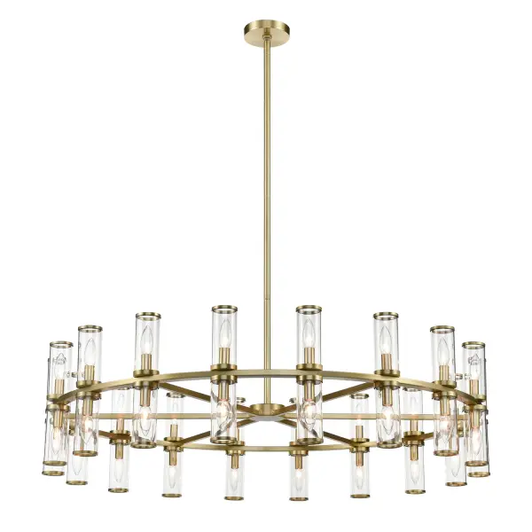 Evoking the elegance of antique candle-holders, Revolve has clear glass tubes accented with metal rings, gathered around a striking chandelier body. Available in multiple finishes, also available as a series of coordinating vanity and wall sconces. Collection: Revolve Sub-Brand: ALORA Finish: Clear Glass/Natural Brass Glass: Clear Glass Width: 48.13" Height: 12.63" Length: 48.13" Weight: 59.80 lb Wire: 144" Rod: 46" (3x12" + 1x6" + 1x4") Canopy: D5.625" x H0.875" Number of Bulbs: 36 Maximum Wattage: 25.00 W Bulb Type: Candelabra Bulb Base: E12 Candelabra Light Source: Incandescent Voltage: 120.00 V Material: Steel + Glass Country of Origin: China Safety Listing: UL Safety Rating: Dry Manufacturer Warranty: 1 Year Spec Sheet Instructions