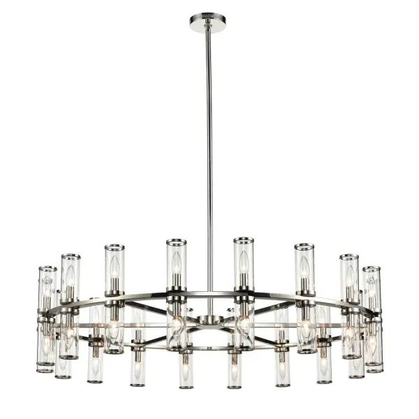 Evoking the elegance of antique candle-holders, Revolve has clear glass tubes accented with metal rings, gathered around a striking chandelier body. Available in multiple finishes, also available as a series of coordinating vanity and wall sconces. Collection: Revolve Sub-Brand: ALORA Finish: Clear Glass/Polished Nickel Glass: Clear Glass Width: 48.13" Height: 12.63" Length: 48.13" Weight: 59.80 lb Wire: 144" Rod: 46" (3x12" + 1x6" + 1x4") Canopy: D5.625" x H0.875" Number of Bulbs: 36 Maximum Wattage: 25.00 W Bulb Type: Candelabra Bulb Base: E12 Candelabra Light Source: Incandescent Voltage: 120.00 V Material: Steel + Glass Country of Origin: China Safety Listing: UL Safety Rating: Dry Manufacturer Warranty: 1 Year Spec Sheet Instructions