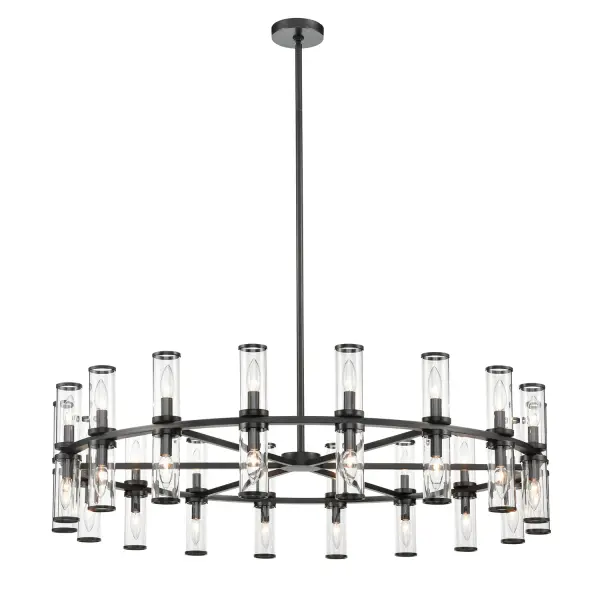 Evoking the elegance of antique candle-holders, Revolve has clear glass tubes accented with metal rings, gathered around a striking chandelier body. Available in multiple finishes, also available as a series of coordinating vanity and wall sconces. Collection: Revolve Sub-Brand: ALORA Finish: Clear Glass/Urban Bronze Glass: Clear Glass Width: 48.13" Height: 12.63" Length: 48.13" Weight: 59.80 lb Wire: 144" Rod: 46" (3x12" + 1x6" + 1x4") Canopy: D5.625" x H0.875" Number of Bulbs: 36 Maximum Wattage: 25.00 W Bulb Type: Candelabra Bulb Base: E12 Candelabra Light Source: Incandescent Voltage: 120.00 V Material: Steel + Glass Country of Origin: China Safety Listing: UL Safety Rating: Dry Manufacturer Warranty: 1 Year Spec Sheet Instructions