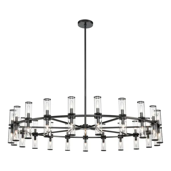 Evoking the elegance of antique candle-holders, Revolve has clear glass tubes accented with metal rings, gathered around a striking chandelier body. Available in multiple finishes, also available as a series of coordinating vanity and wall sconces. Collection: Revolve Sub-Brand: ALORA Finish: Clear Glass/Urban Bronze Glass: Clear Glass Width: 60.38" Height: 12.63" Length: 60.38" Weight: 80.60 lb Wire: 144" Rod: 46" (3x12" + 1x6" + 1x4") Canopy: D6.75" x H0.875" Number of Bulbs: 42 Maximum Wattage: 25.00 W Bulb Type: Candelabra Bulb Base: E12 Candelabra Light Source: Incandescent Voltage: 120.00 V Material: Steel + Glass Country of Origin: China Safety Listing: UL Safety Rating: Dry Manufacturer Warranty: 1 Year Spec Sheet Instructions