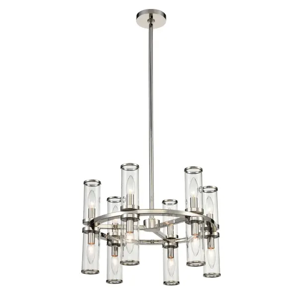 Evoking the elegance of antique candle-holders, Revolve has clear glass tubes accented with metal rings, gathered around a striking chandelier body. Available in multiple finishes, also available as a series of coordinating vanity and wall sconces. Collection: Revolve Sub-Brand: ALORA Finish: Clear Glass/Polished Nickel Glass: Clear Glass Width: 18.63" Height: 12.63" Length: 18.63" Weight: 21.80 lb Wire: 144" Rod: 46" (3x12" + 1x6" + 1x4") Canopy: D4.875" x H0.875" Number of Bulbs: 12 Maximum Wattage: 60.00 W Bulb Type: Candelabra Bulb Base: E12 Candelabra Light Source: Incandescent Voltage: 120.00 V Material: Steel + Glass Country of Origin: China Safety Listing: UL Safety Rating: Dry Manufacturer Warranty: 1 Year Spec Sheet Instructions