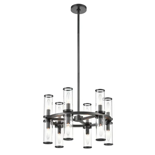 Evoking the elegance of antique candle-holders, Revolve has clear glass tubes accented with metal rings, gathered around a striking chandelier body. Available in multiple finishes, also available as a series of coordinating vanity and wall sconces. Collection: Revolve Sub-Brand: ALORA Finish: Clear Glass/Urban Bronze Glass: Clear Glass Width: 18.63" Height: 12.63" Length: 18.63" Weight: 21.80 lb Wire: 144" Rod: 46" (3x12" + 1x6" + 1x4") Canopy: D4.875" x H0.875" Number of Bulbs: 12 Maximum Wattage: 60.00 W Bulb Type: Candelabra Bulb Base: E12 Candelabra Light Source: Incandescent Voltage: 120.00 V Material: Steel + Glass Country of Origin: China Safety Listing: UL Safety Rating: Dry Manufacturer Warranty: 1 Year Spec Sheet Instructions