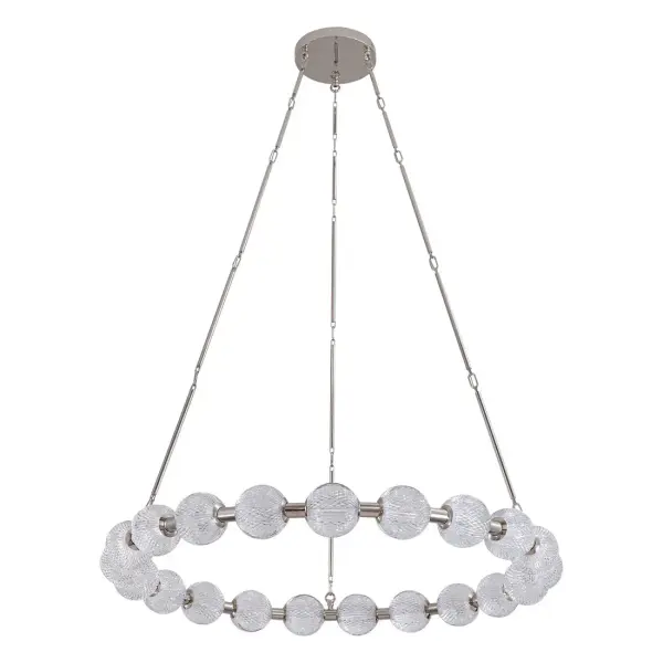 Like a gorgeously beaded garment, the Marni collection add luxury and interest to any design. Meticulously cut spherical shades create glittering beams of illumination throughout each design. Available in Polished Nickel and Natural Brass accompaniments. Collection: Marni Finish: Polished Nickel Glass: Clear Carved Acrylic Width: 41.38" Height: 4.38" Length: 41.38" Wire: 52" Clear Rod: 46" (9x12" + 3x6" + 3x4") Canopy: D8.75" x H1.875" Maximum Wattage: 105.00 W Bulb Type: LED Light Source: LED Light Output: 6440.00 lm Delivered Lumens: 5680.00 lm Color Temperature: 3000 K CRI: 90 Rated Average Life: 50,000 Voltage: 120.00 V Material: Aluminum + Steel Country of Origin: China Safety Listing: ETL Safety Rating: Dry LED Spec Sheet Instructions
