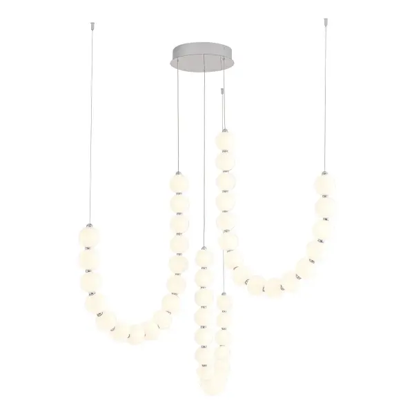 Inspired by the luxe pearls discovered by the sea, the Akoya collection is an instant classic. With unlimited amounts of configurations, this collection is perfect for any space in need of an awe-inspiring statement piece. Beads of illumination twirl in any way you prefer on a subtle frosted polished chrome frame. It will be the jewelry of any space. Collection: Akoya Designer: Ryan Pauly Finish: Chrome Glass: Frosted PC Diffuser Width: 11.13" Height: 54.63" Weight: 20.72 lb Wire: 144" Clear Canopy: D6.75" x H1" Maximum Wattage: 120.00 W Light Source: LED Light Output: 12600.00 lm Delivered Lumens: 9270.00 lm Color Temperature: 3000 K CRI: 90 Rated Average Life: 50,000 Voltage: 120.00 V Material: Steel + PC Country of Origin: China Safety Listing: ETL Safety Rating: Dry LED Spec Sheet Instructions