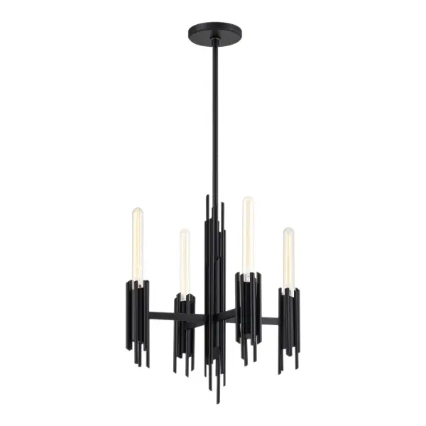 Inspired by the resurgence of brutalist art and architecture, the Torres collection makes a stark yet stunning statement. Elegantly forged metalwork defines this collection. The Torres can be adorned with stunning ribbed crystal shades, or it can stand alone for a boost of modern flair. Collection: Torres Designer: Elisa Carlucci Sub-Brand: ALORA Finish: Matte Black Width: 19.25" Height: 22.13" Length: 19.25" Wire: 144" Rod: 46" (3x12" + 1x6" + 1x4") Canopy: D6" x H0.875" Number of Bulbs: 4 Maximum Wattage: 60.00 W Bulb Type: T Bulb Base: E26 Voltage: 120.00 V Material: Steel Country of Origin: China Safety Listing: UL Safety Rating: Dry Manufacturer Warranty: 1 Year Spec Sheet Instructions