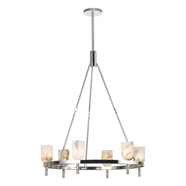 The Lucian collection is inspired by the classic shapes of antique lighting, made modern. Modern touches can be seen in the organically curved backplates and custom designed stems that create the stunning look of the Lucian. Completed with either clear glass or alabaster bowl shades, this collection defines classic elegance. Alabaster boasts distinct variations in both its veining and tone, a unique characteristic of a timeless natural material. No two pieces will look the exact same. Collection: Lucian Designer: Elisa Carlucci Finish: Polished Nickel/Alabaster Glass: Alabaster Shade Width: 31.50" Height: 38.38" Length: 31.50" Wire: 144" Rod: 46" (3x12" + 1x6" + 1x4") Canopy: D7.125" x H1" Number of Bulbs: 6 Maximum Wattage: 60.00 W Bulb Type: E12 Bulb Base: E12 Candelabra Voltage: 120.00 V Material: Steel + Alabaster Country of Origin: China Safety Listing: UL Safety Rating: Dry Manufacturer Warranty: 1 Year Spec Sheet Instructions