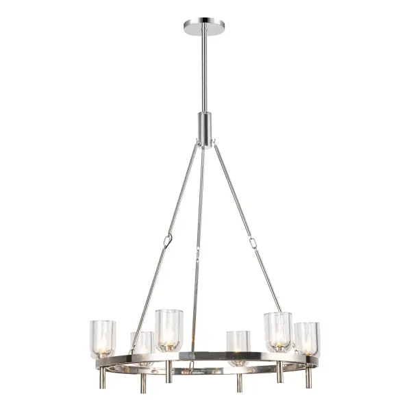 The Lucian collection is inspired by the classic shapes of antique lighting, made modern. Modern touches can be seen in the organically curved backplates and custom designed stems that create the stunning look of the Lucian. Completed with either clear glass or alabaster bowl shades, this collection defines classic elegance. Alabaster boasts distinct variations in both its veining and tone, a unique characteristic of a timeless natural material. No two pieces will look the exact same. Collection: Lucian Designer: Elisa Carlucci Finish: Polished Nickel/Clear Crystal Glass: Clear Crystal Crystal: Clear Crystal Width: 31.50" Height: 38.38" Length: 31.50" Wire: 144" Rod: 46" (3x12" + 1x6" + 1x4") Canopy: D7.125" x H1" Number of Bulbs: 6 Maximum Wattage: 60.00 W Bulb Type: Candelabra Bulb Base: E12 Candelabra Voltage: 120.00 V Material: Steel + Crystal Country of Origin: China Safety Listing: UL Safety Rating: Dry Manufacturer Warranty: 1 Year Spec Sheet Instructions