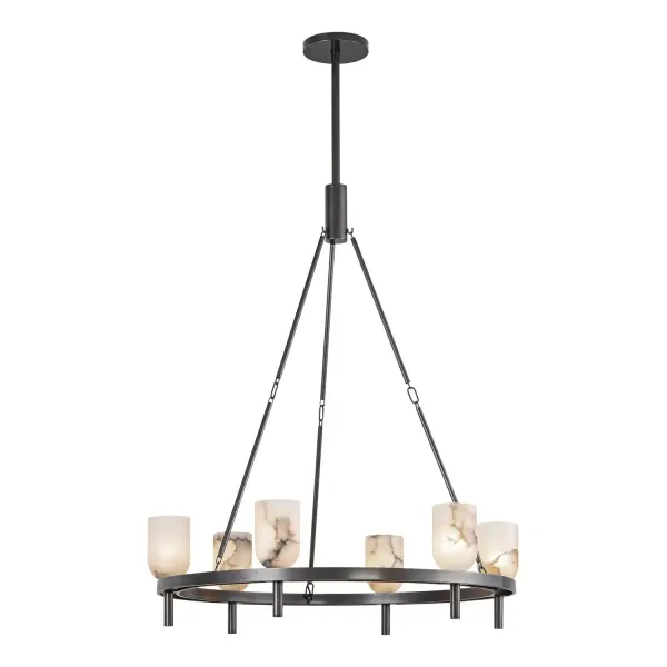 The Lucian collection is inspired by the classic shapes of antique lighting, made modern. Modern touches can be seen in the organically curved backplates and custom designed stems that create the stunning look of the Lucian. Completed with either clear glass or alabaster bowl shades, this collection defines classic elegance. Alabaster boasts distinct variations in both its veining and tone, a unique characteristic of a timeless natural material. No two pieces will look the exact same. Collection: Lucian Designer: Elisa Carlucci Finish: Urban Bronze/Alabaster Glass: Alabaster Shade Width: 31.50" Height: 38.38" Length: 31.50" Wire: 144" Rod: 46" (3x12" + 1x6" + 1x4") Canopy: D7.125" x H1" Number of Bulbs: 6 Maximum Wattage: 60.00 W Bulb Type: Candelabra Bulb Base: E12 Candelabra Voltage: 120.00 V Material: Steel + Alabaster Country of Origin: China Safety Listing: UL Safety Rating: Dry Manufacturer Warranty: 1 Year Spec Sheet Instructions