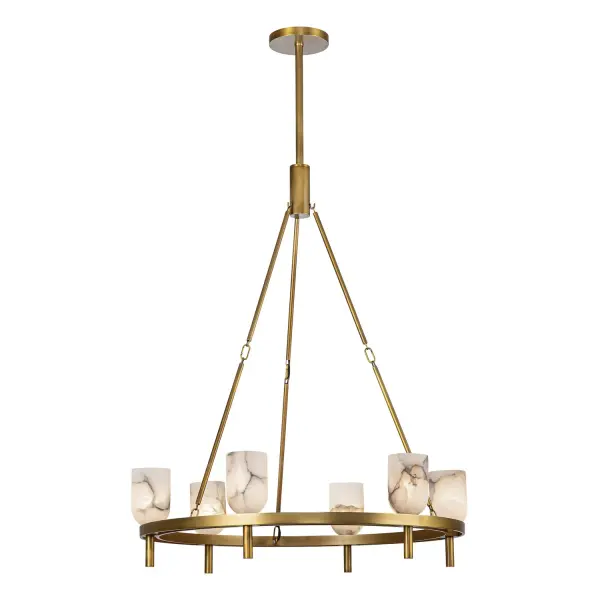The Lucian collection is inspired by the classic shapes of antique lighting, made modern. Modern touches can be seen in the organically curved backplates and custom designed stems that create the stunning look of the Lucian. Completed with either clear glass or alabaster bowl shades, this collection defines classic elegance. Alabaster boasts distinct variations in both its veining and tone, a unique characteristic of a timeless natural material. No two pieces will look the exact same. Collection: Lucian Designer: Elisa Carlucci Finish: Vintage Brass/Alabaster Glass: Alabaster Shade Width: 31.50" Height: 38.38" Length: 31.50" Wire: 144" Rod: 46" (3x12" + 1x6" + 1x4") Canopy: D7.125" x H1" Number of Bulbs: 6 Maximum Wattage: 60.00 W Bulb Type: Candelabra Bulb Base: E12 Candelabra Voltage: 120.00 V Material: Steel + Alabaster Country of Origin: China Safety Listing: UL Safety Rating: Dry Manufacturer Warranty: 1 Year Spec Sheet Instructions