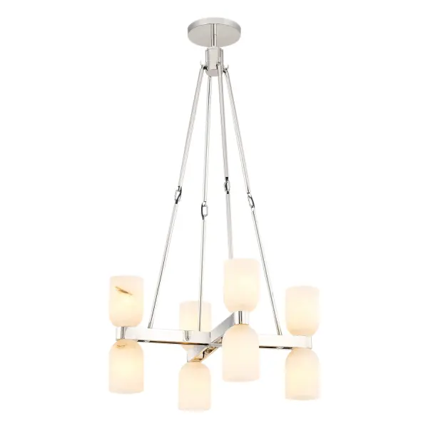 The Lucian collection is inspired by the classic shapes of antique lighting, made modern. Modern touches can be seen in the organically curved backplates and custom designed stems that create the stunning look of the Lucian. Completed with either clear glass or alabaster bowl shades, this collection defines classic elegance. Alabaster boasts distinct variations in both its veining and tone, a unique characteristic of a timeless natural material. No two pieces will look the exact same. Collection: Lucian Designer: Elisa Carlucci Sub-Brand: ALORA Finish: Polished Nickel/Alabaster Glass: Alabaster Shade Width: 22.00" Height: 37.75" Length: 22.00" Wire: 144" Rod: 46" (3x12" + 1x6" + 1x4") Canopy: D6" x H0.875" Number of Bulbs: 8 Maximum Wattage: 60.00 W Bulb Base: E12 Candelabra Voltage: 120.00 V Material: Steel + Alabaster Country of Origin: China Safety Listing: UL Safety Rating: Dry Manufacturer Warranty: 1 Year Spec Sheet Instructions