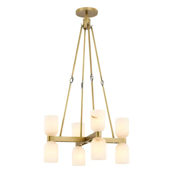 The Lucian collection is inspired by the classic shapes of antique lighting, made modern. Modern touches can be seen in the organically curved backplates and custom designed stems that create the stunning look of the Lucian. Completed with either clear glass or alabaster bowl shades, this collection defines classic elegance. Alabaster boasts distinct variations in both its veining and tone, a unique characteristic of a timeless natural material. No two pieces will look the exact same. Collection: Lucian Designer: Elisa Carlucci Sub-Brand: ALORA Finish: Vintage Brass/Alabaster Glass: Alabaster Shade Width: 22.00" Height: 37.75" Length: 22.00" Wire: 144" Rod: 46" (3x12" + 1x6" + 1x4") Canopy: D6" x H0.875" Number of Bulbs: 8 Maximum Wattage: 60.00 W Bulb Base: E12 Candelabra Voltage: 120.00 V Material: Steel + Alabaster Country of Origin: China Safety Listing: UL Safety Rating: Dry Manufacturer Warranty: 1 Year Spec Sheet Instructions