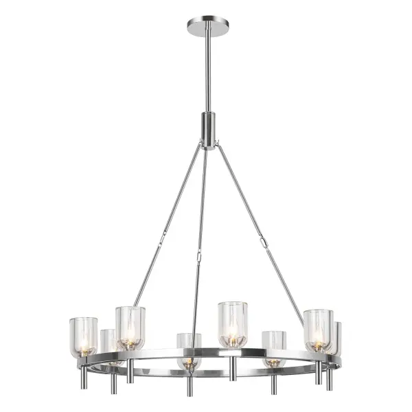 The Lucian collection is inspired by the classic shapes of antique lighting, made modern. Modern touches can be seen in the organically curved backplates and custom designed stems that create the stunning look of the Lucian. Completed with either clear glass or alabaster bowl shades, this collection defines classic elegance. Alabaster boasts distinct variations in both its veining and tone, a unique characteristic of a timeless natural material. No two pieces will look the exact same. Collection: Lucian Designer: Elisa Carlucci Finish: Polished Nickel/Clear Crystal Glass: Clear Crystal Crystal: Clear Crystal Width: 36.13" Height: 37.38" Length: 36.13" Wire: 144" Rod: 46" (3x12" + 1x6" + 1x4") Canopy: D7.125" x H1" Number of Bulbs: 8 Maximum Wattage: 60.00 W Bulb Type: Candelabra Bulb Base: E12 Candelabra Voltage: 120.00 V Material: Steel + Crystal Country of Origin: China Safety Listing: UL Safety Rating: Dry Manufacturer Warranty: 1 Year Spec Sheet Instructions