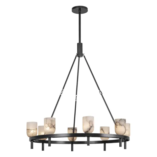 The Lucian collection is inspired by the classic shapes of antique lighting, made modern. Modern touches can be seen in the organically curved backplates and custom designed stems that create the stunning look of the Lucian. Completed with either clear glass or alabaster bowl shades, this collection defines classic elegance. Alabaster boasts distinct variations in both its veining and tone, a unique characteristic of a timeless natural material. No two pieces will look the exact same. Collection: Lucian Designer: Elisa Carlucci Finish: Urban Bronze/Alabaster Glass: Alabaster Shade Width: 36.13" Height: 37.38" Length: 36.13" Wire: 144" Rod: 46" (3x12" + 1x6" + 1x4") Canopy: D7.125" x H1" Number of Bulbs: 8 Maximum Wattage: 60.00 W Bulb Type: Candelabra Bulb Base: E12 Candelabra Voltage: 120.00 V Material: Steel + Alabaster Country of Origin: China Safety Listing: UL Safety Rating: Dry Manufacturer Warranty: 1 Year Spec Sheet Instructions