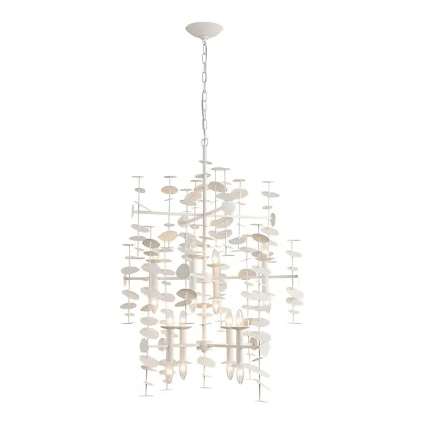 Yukari is inspired by the beauty and simplicity of eucalyptus. Stunning leaf-like petals forged in Polished Brass or White dance around a simple frame to create pure magic suspended in air. The Yukari breathes fresh life into a space and becomes a stunning centerpiece wherever it is placed. Collection: Yukari Designer: Elisa Carlucci Finish: Matte White Width: 30.38" Height: 40.25" Length: 30.38" Wire: 144" Silver Canopy: D6" x H1.5" Number of Bulbs: 16 Maximum Wattage: 40.00 W Bulb Type: G Bulb Base: E12 Voltage: 120.00 V Material: Steel Country of Origin: China Safety Listing: UL Safety Rating: Dry Manufacturer Warranty: 1 Year Spec Sheet Instructions