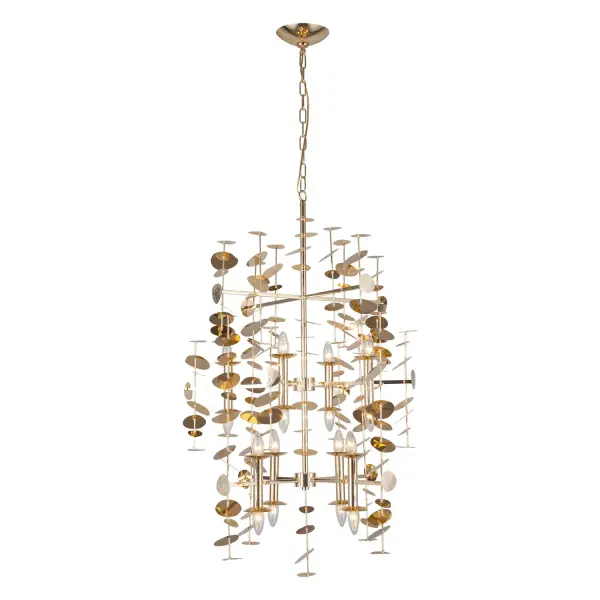 Yukari is inspired by the beauty and simplicity of eucalyptus. Stunning leaf-like petals forged in Polished Brass or White dance around a simple frame to create pure magic suspended in air. The Yukari breathes fresh life into a space and becomes a stunning centerpiece wherever it is placed. Collection: Yukari Designer: Elisa Carlucci Finish: Polished Brass Width: 30.38" Height: 40.25" Length: 30.38" Wire: 144" Gold Canopy: D6" x H1.5" Number of Bulbs: 16 Maximum Wattage: 40.00 W Bulb Type: G Bulb Base: E12 Voltage: 120.00 V Material: Steel Country of Origin: China Safety Listing: UL Safety Rating: Dry Manufacturer Warranty: 1 Year Spec Sheet Instructions