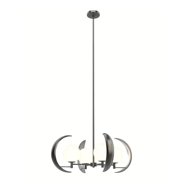 Inspired by lunar patterns of light, the Celeste Collection by Charles Pavarini III is a nature inspired marvel. With a crescent moon inspired frame that reflects the illumination within, there is a feeling to majesty throughout this collection. Dancing inside the crescent frame is four full-moon inspired globes of glass that are mystifying and glamourous. Available in two luxe finishes: Vintage Brass and Urban Bronze. Collection: Celeste Designer: Charles Pavarini III Sub-Brand: ALORA Finish: Urban Bronze Glass: Matte Opal Glass Width: 30.00" Height: 12.50" Length: 30.00" Wire: 144" Rod: 46" (3x12" + 1x6" + 1x4") Canopy: D5" x H1" Number of Bulbs: 4 Maximum Wattage: 50.00 W Bulb Type: Candelabra Bulb Base: G9 Light Source: Halogen Voltage: 120.00 V Material: Steel + Glass Country of Origin: China Safety Listing: ETL Safety Rating: Dry Manufacturer Warranty: 1 Year Spec Sheet Instructions