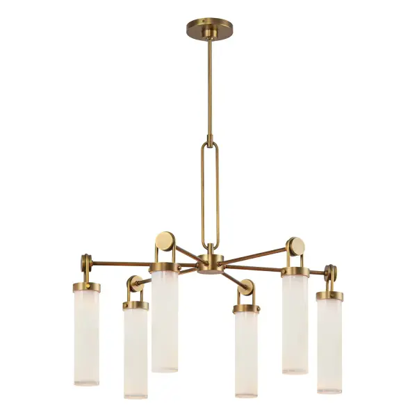 Industrial hardware dances with soft opal glass in the Wynwood collection. Inspired by vintage machinery components, the Wynwood makes vintage look brand new again. Meticulous details such as the metal loops on each piece speak to the uniqueness this collection brings. The Wynwood is sure to bring classic warmth to any space. Collection: Wynwood Designer: Alan Pepin Finish: Vintage Brass/Glossy Opal Glass: Glossy Opal Glass Width: 32.13" Height: 29.63" Length: 32.13" Wire: 144" Rod: 46" (3x12" + 1x6" + 1x4") Canopy: D6" x H1.625" Number of Bulbs: 6 Maximum Wattage: 60.00 W Bulb Type: T Bulb Base: E26 Voltage: 120.00 V Material: Steel + Glass Country of Origin: China Safety Listing: UL Safety Rating: Dry Manufacturer Warranty: 1 Year Spec Sheet Instructions