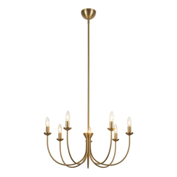 The Ember Chandelier transforms the natural elegance of a traditional candlestick into a modern statement piece. Featuring organic curves, simple geometric accents, and exposed bulbs, this chandelier allows you to customize its look based on the bulbs you select. Ideal for dining rooms, living spaces, or entryways, Ember blends timeless sophistication with contemporary style. Its sculptural design creates visual interest while providing ambient illumination, making it perfect for modern, transitional, and eclectic interiors seeking both elegance and versatility. Collection: Ember Designer: Ryan Pauly Finish: Brushed Gold Width: 25.75" Height: 11.00" Weight: 8.71 lb Wire: 60" Rod: 46" (3x12" + 1x6" + 1x4") Canopy: D4.75" x H2.375" Number of Bulbs: 7 Maximum Wattage: 40.00 W Bulb Base: E12 Candelabra Voltage: 120.00 V Material: Steel Country of Origin: China Safety Listing: UL Safety Rating: Dry Spec Sheet Instructions