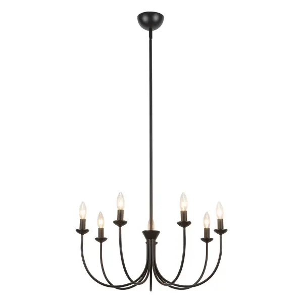The Ember Chandelier transforms the natural elegance of a traditional candlestick into a modern statement piece. Featuring organic curves, simple geometric accents, and exposed bulbs, this chandelier allows you to customize its look based on the bulbs you select. Ideal for dining rooms, living spaces, or entryways, Ember blends timeless sophistication with contemporary style. Its sculptural design creates visual interest while providing ambient illumination, making it perfect for modern, transitional, and eclectic interiors seeking both elegance and versatility. Collection: Ember Designer: Ryan Pauly Finish: Matte Black Width: 25.75" Height: 11.00" Weight: 8.71 lb Wire: 60" Rod: 46" (3x12" + 1x6" + 1x4") Canopy: D4.75" x H2.375" Number of Bulbs: 7 Maximum Wattage: 40.00 W Bulb Base: E12 Candelabra Voltage: 120.00 V Material: Steel Country of Origin: China Safety Listing: UL Safety Rating: Dry Spec Sheet Instructions