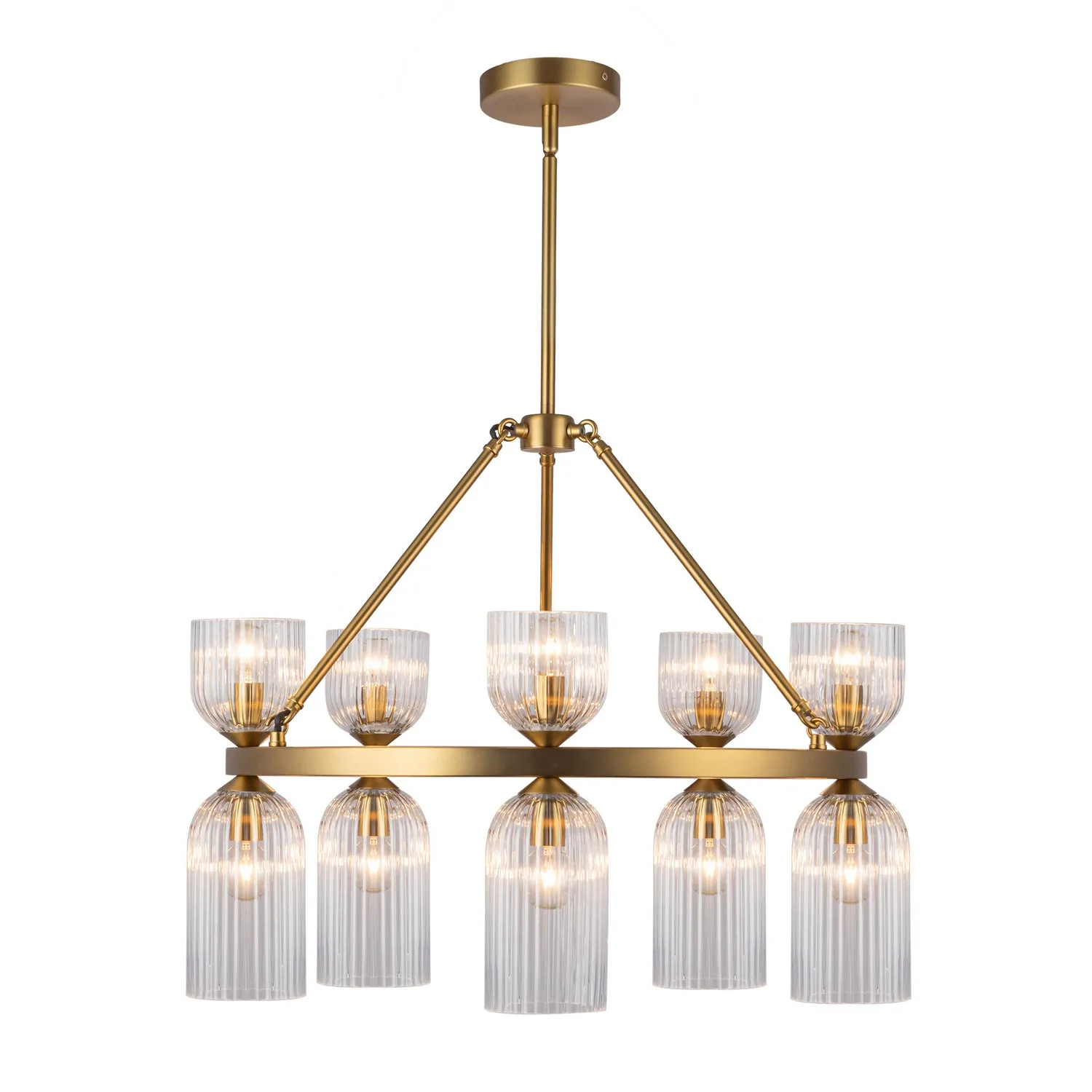 Nelly Ten Light Chandelier in Brushed Gold/Clear Ribbed Glass